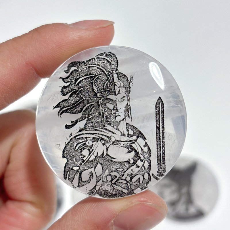 Clear Quartz Engraved Olympian Gods Round Slices DIY Accessories Wholesale - Wholesale Crystals