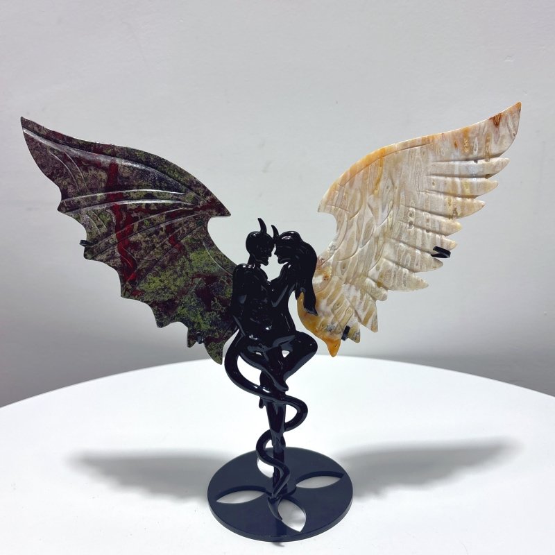 Coral Jade Dragon Blood Stone Demons Angel And Wing Carving With Stand - Wholesale Crystals