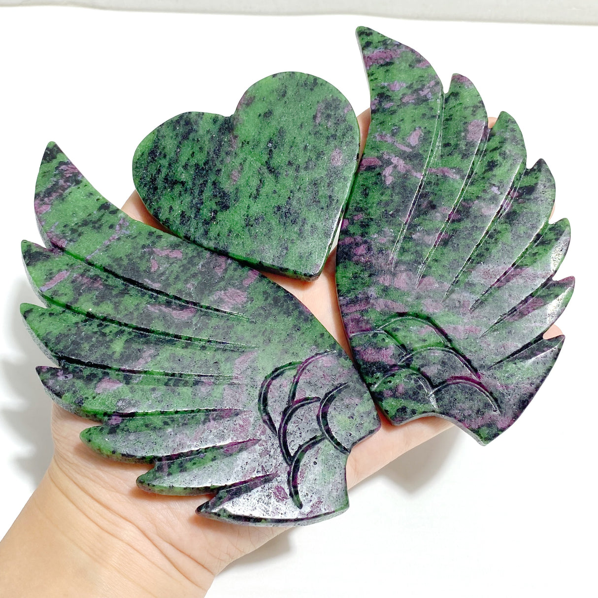 Ruby Zoisite Heart Wing Carving With Stand
