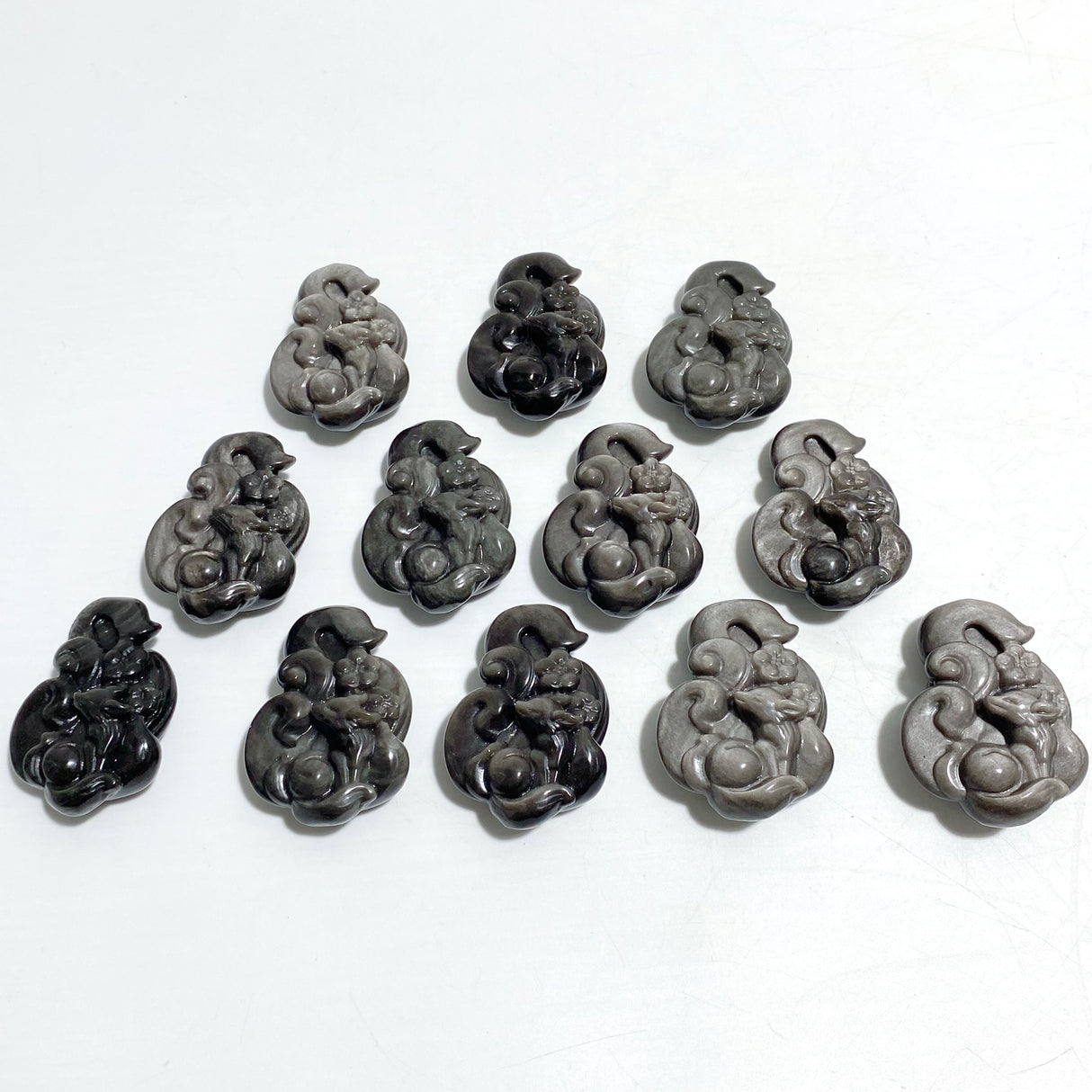 Silver Sheen Obsidian Nine-tailed Fox Carving Wholesale