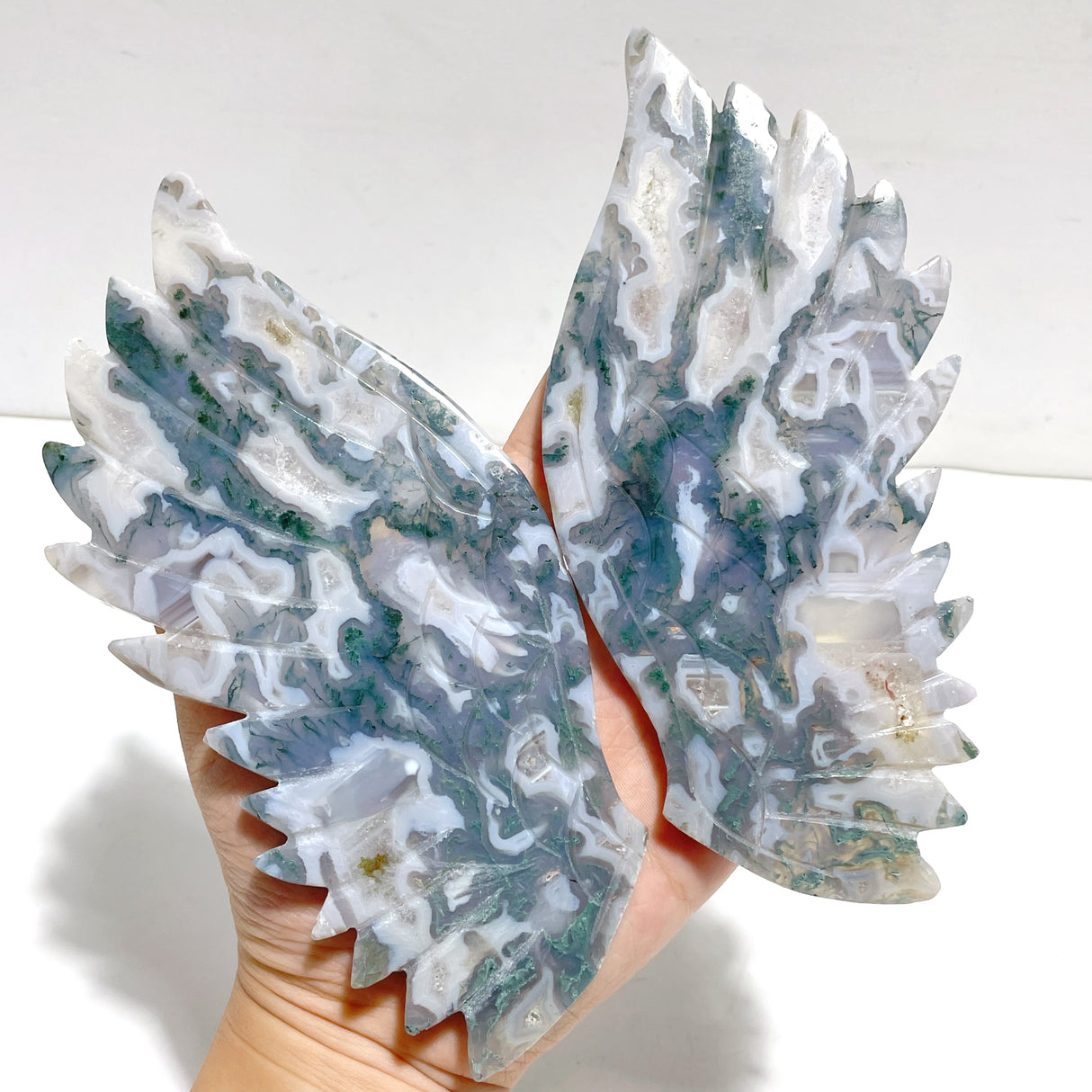 Unique Moss Agate Eagle Wing Carving With Stand