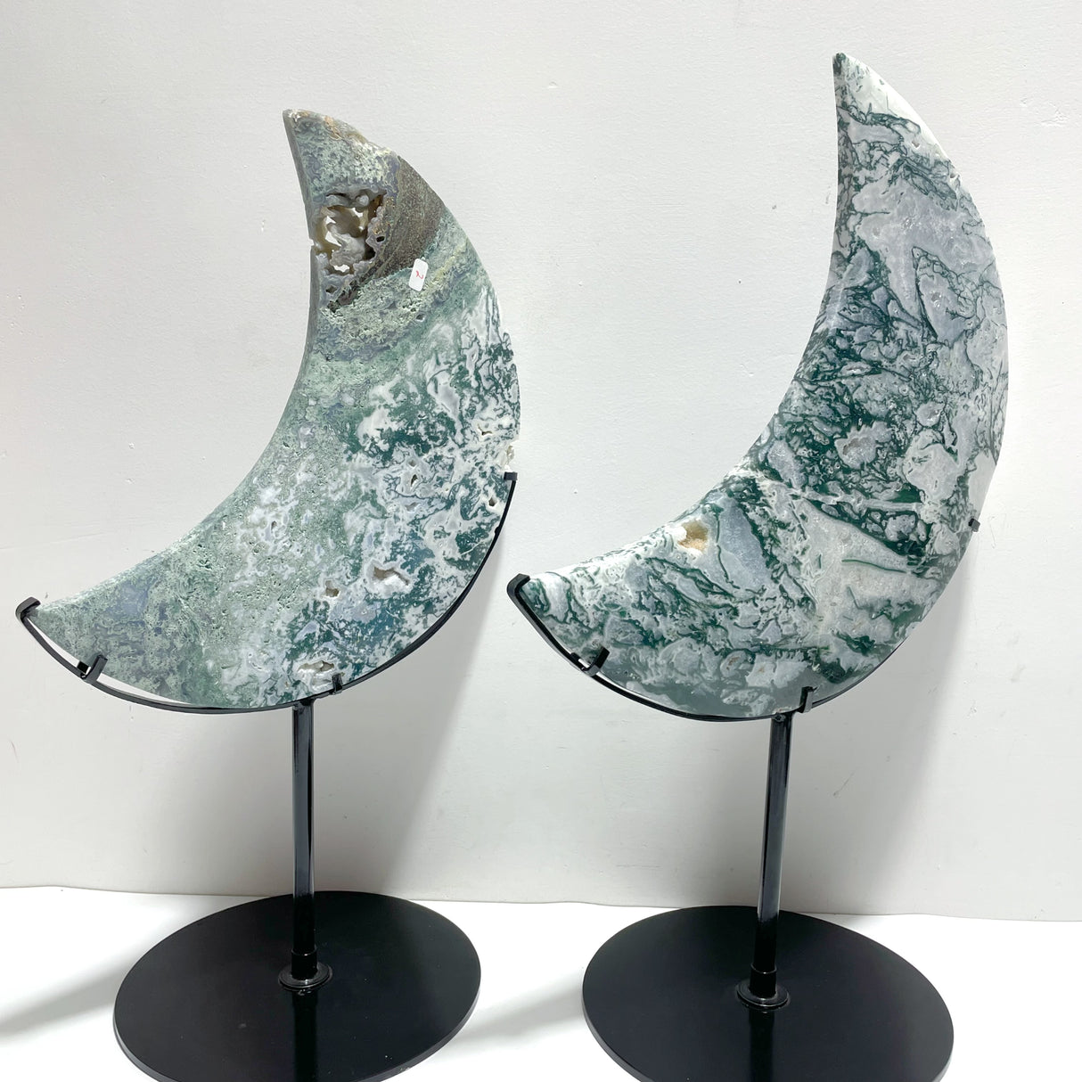 2 Pieces Large Moss Agate Moon With Stand Home Decor