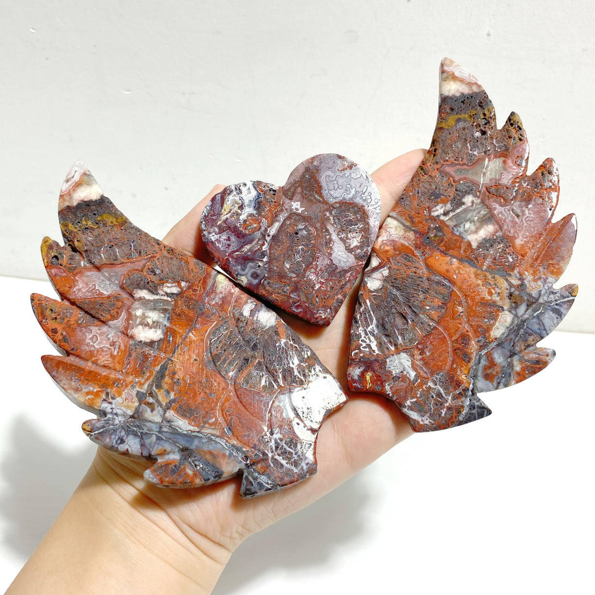 Unique Morocco Agate Heart Wing Carving With Stand