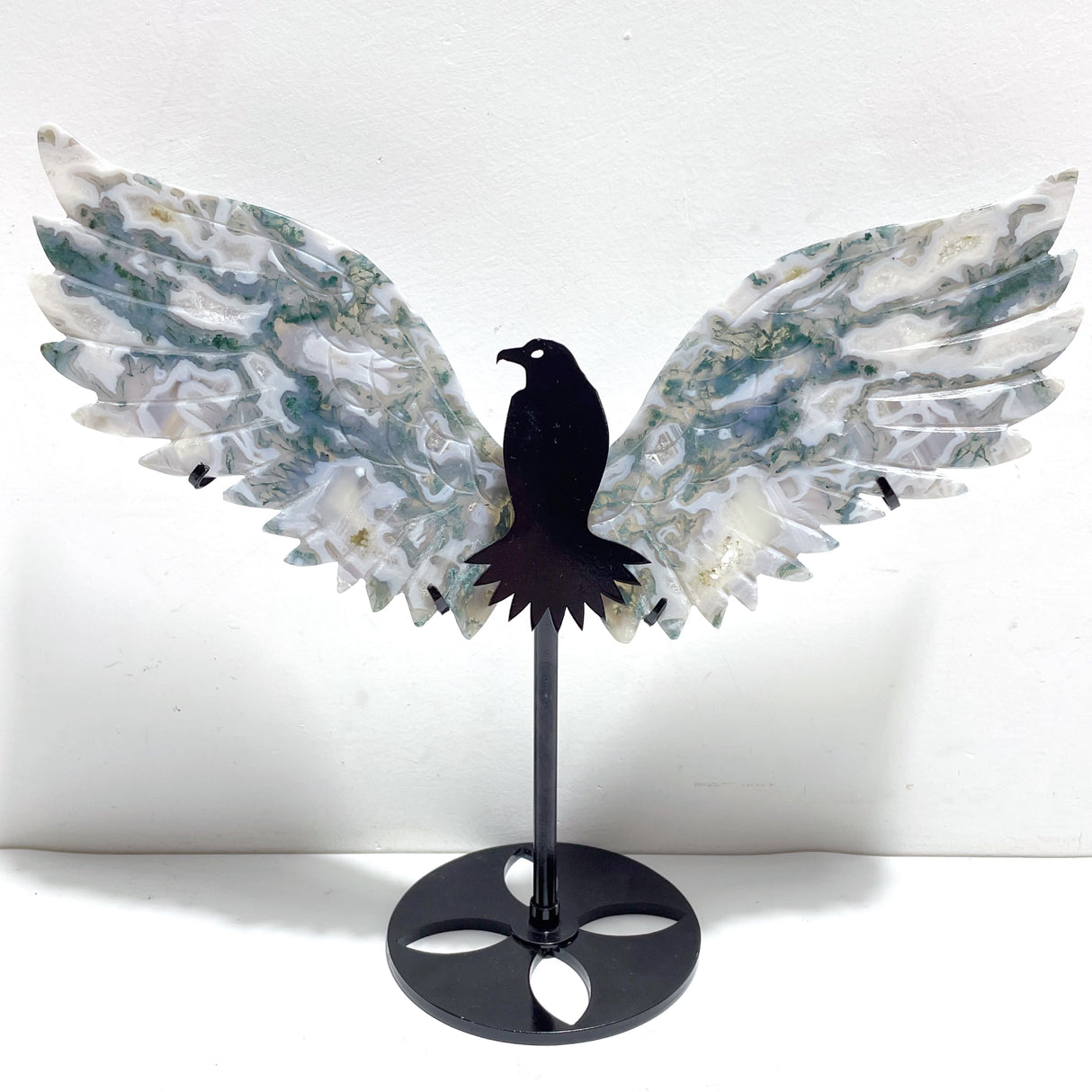 Unique Moss Agate Eagle Wing Carving With Stand