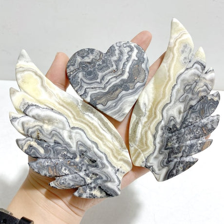 Gray Lace Agate Heart Wing Carving With Stand -Wholesale Crystals
