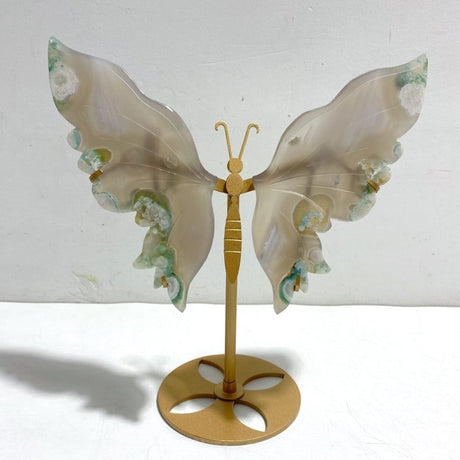 Green Sakura Flower Agate Butterfly Wing Carving With Stand - Wholesale Crystals