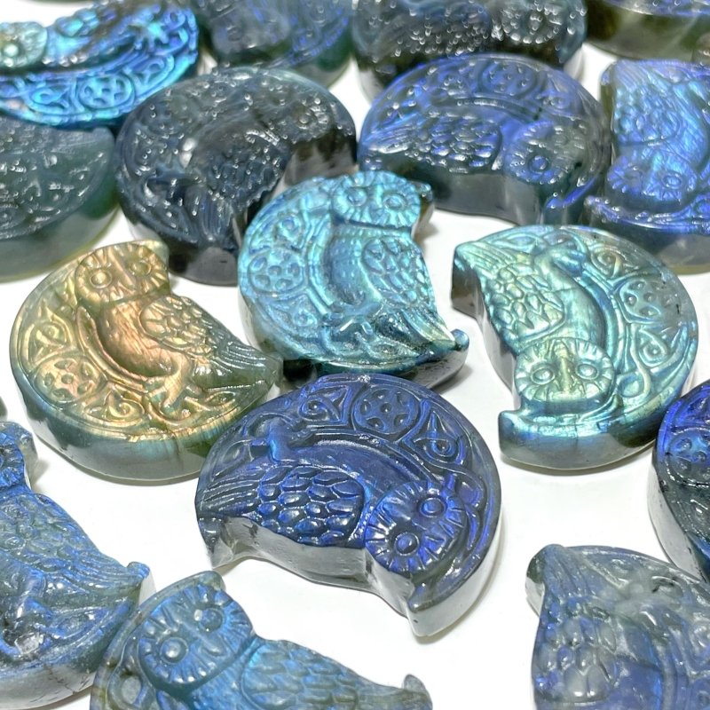 High Quality Labradorite Moon Owl Carving Wholesale - Wholesale Crystals