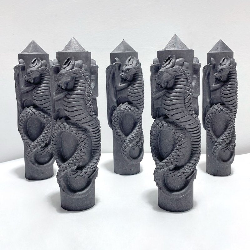 Large Shungite 7.4in Tower With Dragon Carving Wholesale - Wholesale Crystals