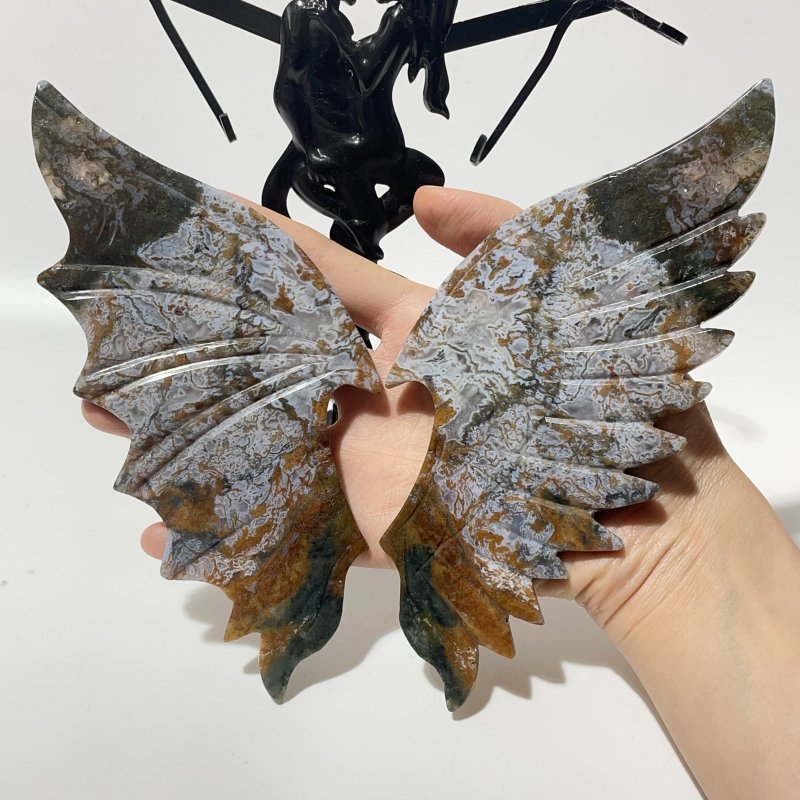 Moss Agate Demon And Angel Wing Carving With Stand -Wholesale Crystals