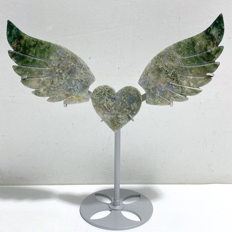 Moss Agate Heart Wing Carving With Stand -Wholesale Crystals