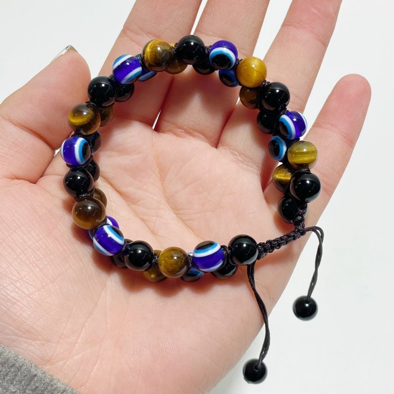 Multiple Materials Evil Eye Woven Adjustable Bracelets Wholesale Tiger Eye Obsidian - Wholesale Crystals