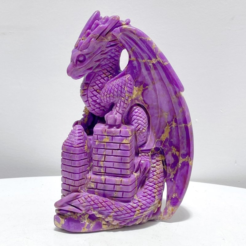 Phosphosiderite Flying Dragon With Castle Carving - Wholesale Crystals