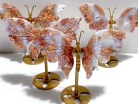 4 Pairs Pink Agate Butterfly Wing Carving With Stand
