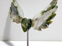 Moss Agate Heart Wing Carving With Stand