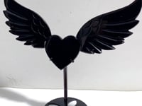 Black Obsidian Heart Wing Carving With Stand