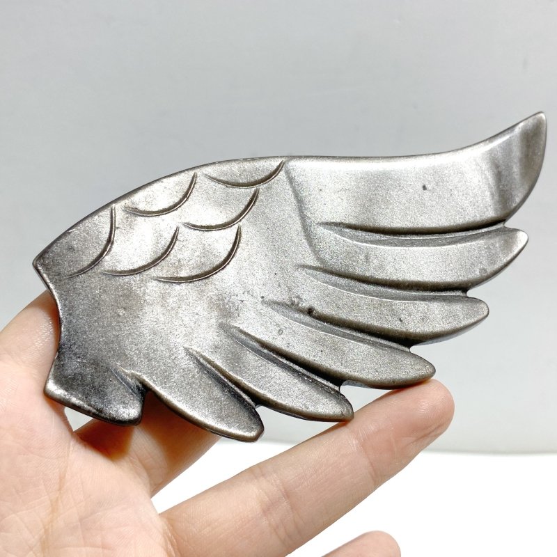 Silver Sheen Obsidian Heart Wing Carving With Stand -Wholesale Crystals