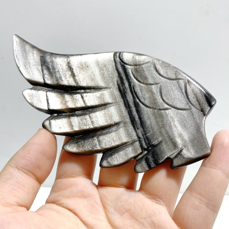 Silver Sheen Obsidian Heart Wing Carving With Stand -Wholesale Crystals
