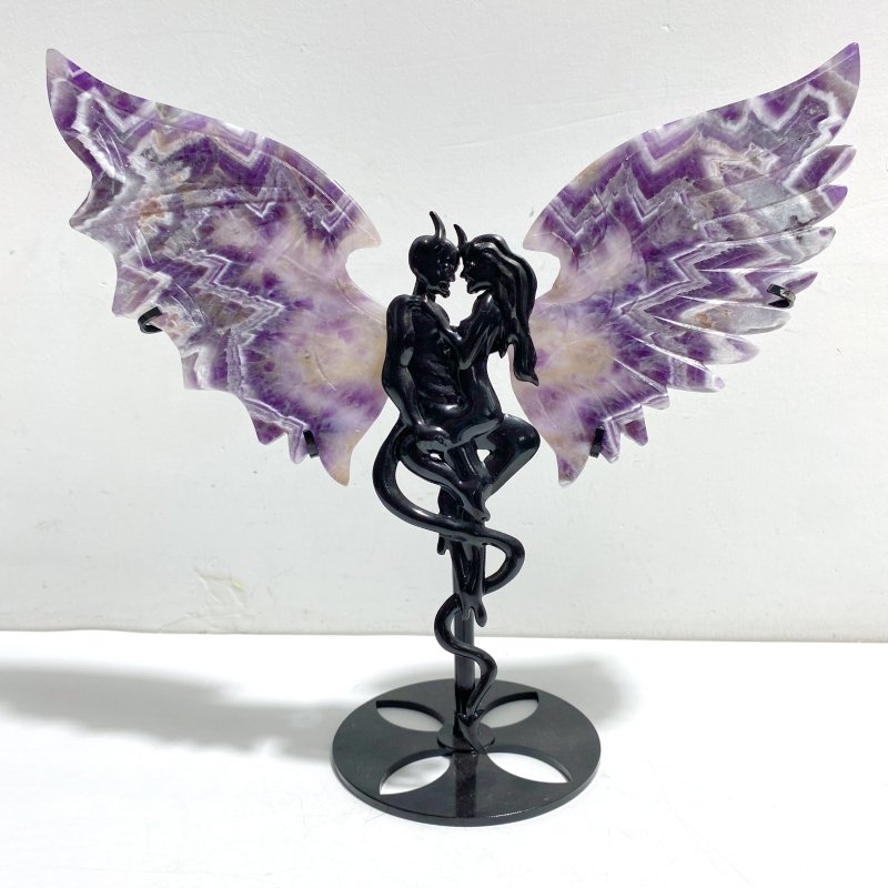 Unique Chevron Amethyst Demon and Angel Wing Carving With Stand - Wholesale Crystals