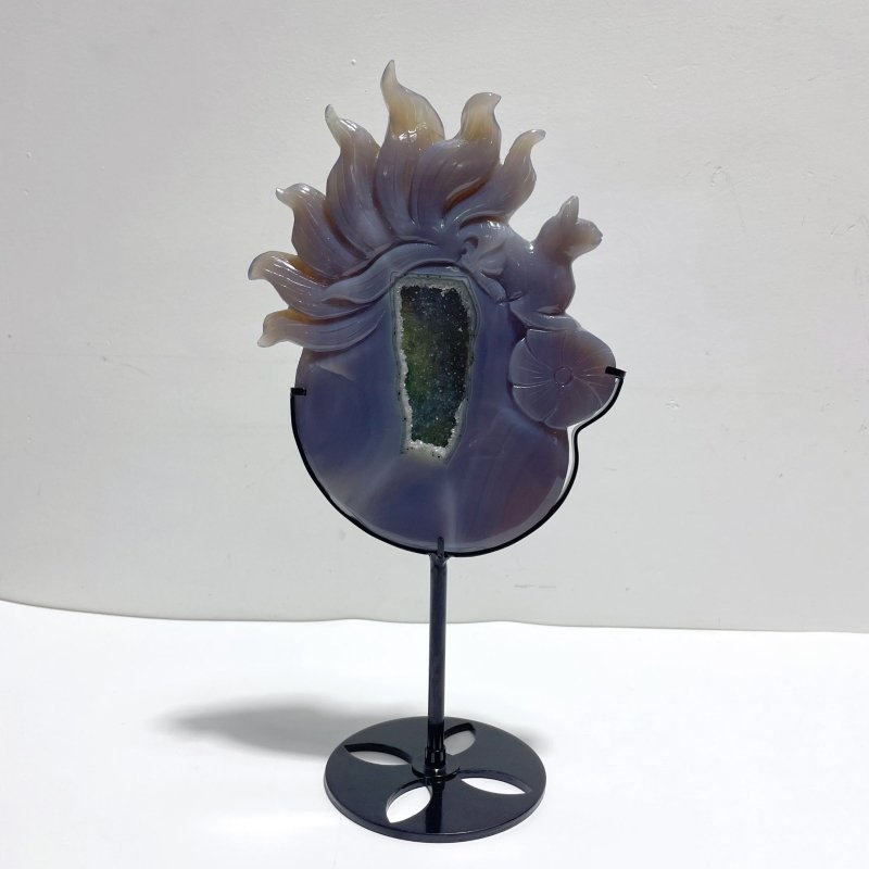 Unique Geode Druzy Agate Nine - tailed Fox Carving With Stand - Wholesale Crystals