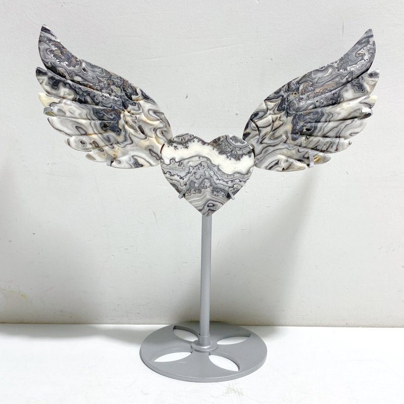 Unique Gray Blue Agate Heart Wing Carving With Stand - Wholesale Crystals