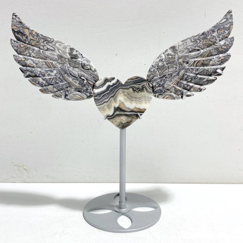 Unique Gray Lace Agate Heart Wing Carving With Stand - Wholesale Crystals