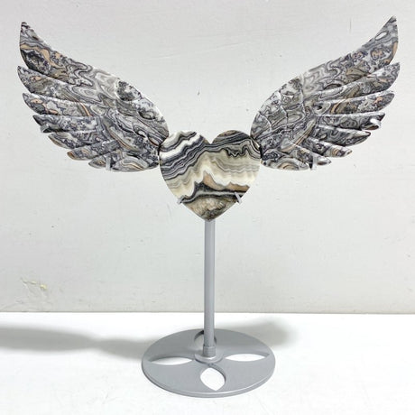 Unique Gray Lace Agate Heart Wing Carving With Stand - Wholesale Crystals