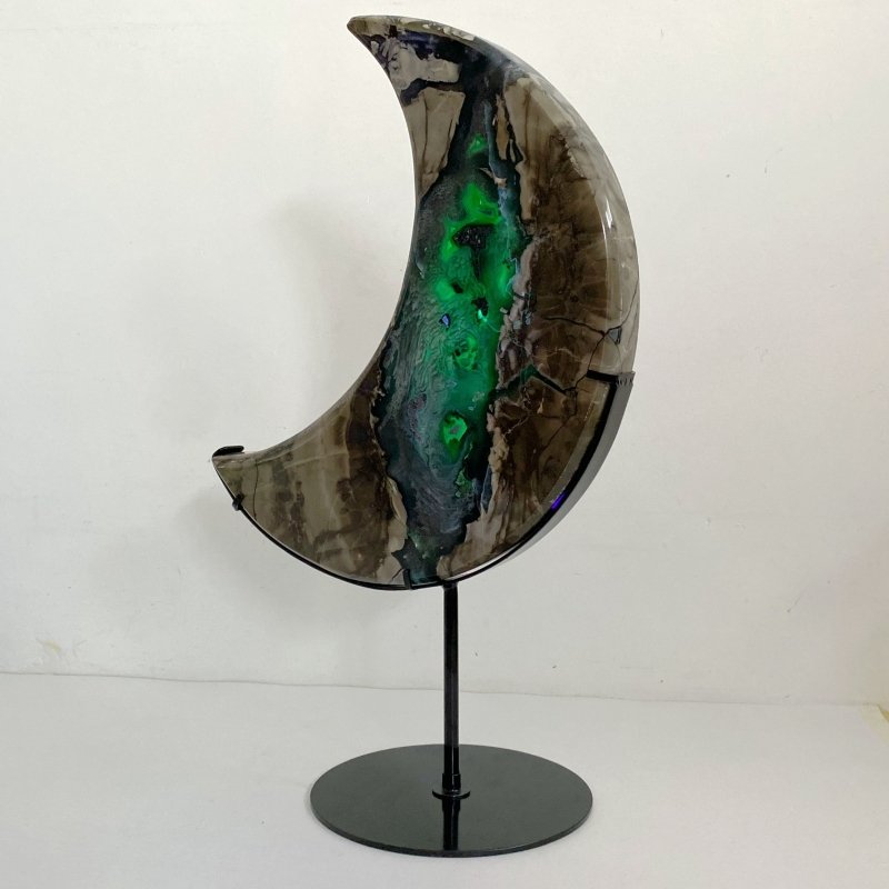 Unique Large Geode Druzy Volcano Agate Moon Carving With Stand(UV - Reactive) 3 - Wholesale Crystals