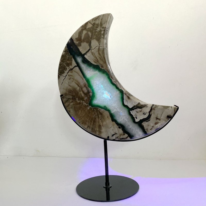 Unique Large Geode Druzy Volcano Agate Moon Carving With Stand(UV - Reactive) 7 - Wholesale Crystals