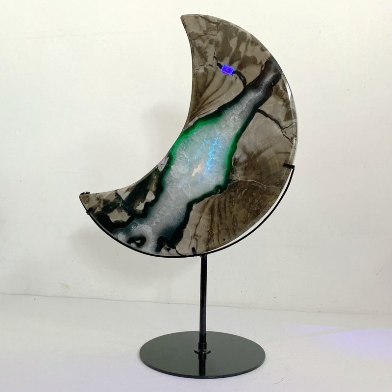 Unique Large Geode Druzy Volcano Agate Moon Carving With Stand(UV - Reactive) 7 - Wholesale Crystals