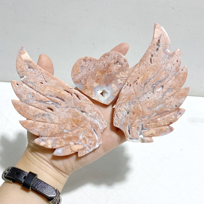 Unique Pink Agate Heart Wing Carving With Stand - Wholesale Crystals