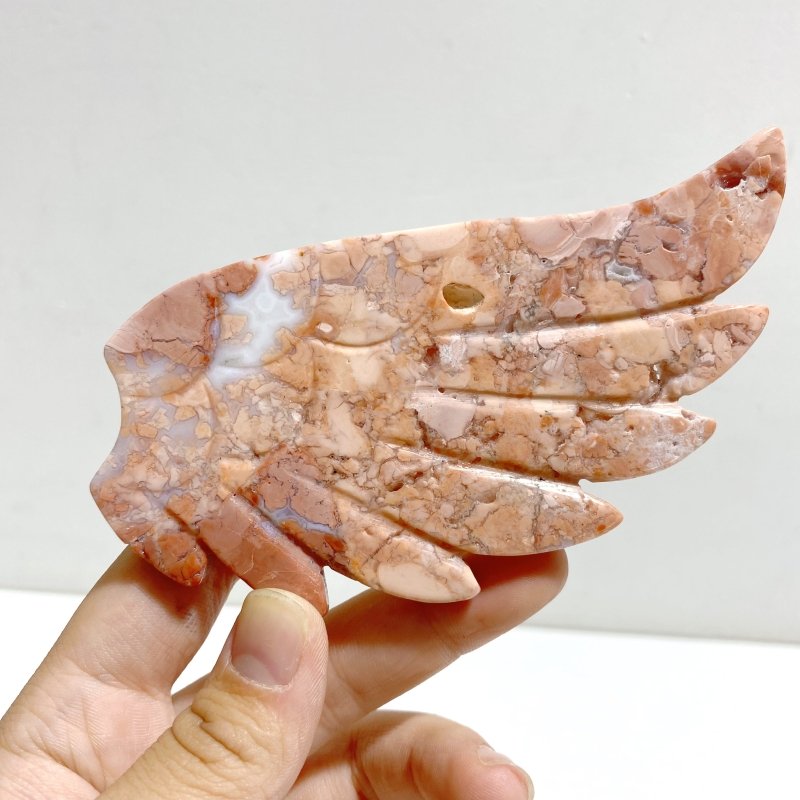 Unique Pink Agate Heart Wing Carving With Stand -Wholesale Crystals