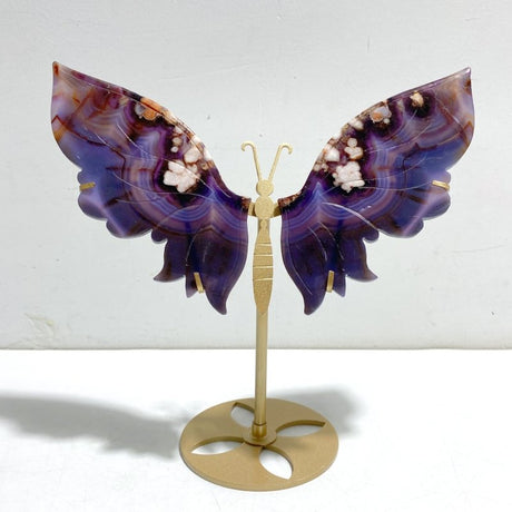 Unique Purple Sakura Flower Agate Butterfly Wing Carving With Stand - Wholesale Crystals