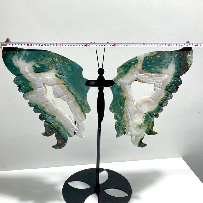 Very Large Geode Druzy Moss Agate Butterfly Wing Carving With Stand - Wholesale Crystals