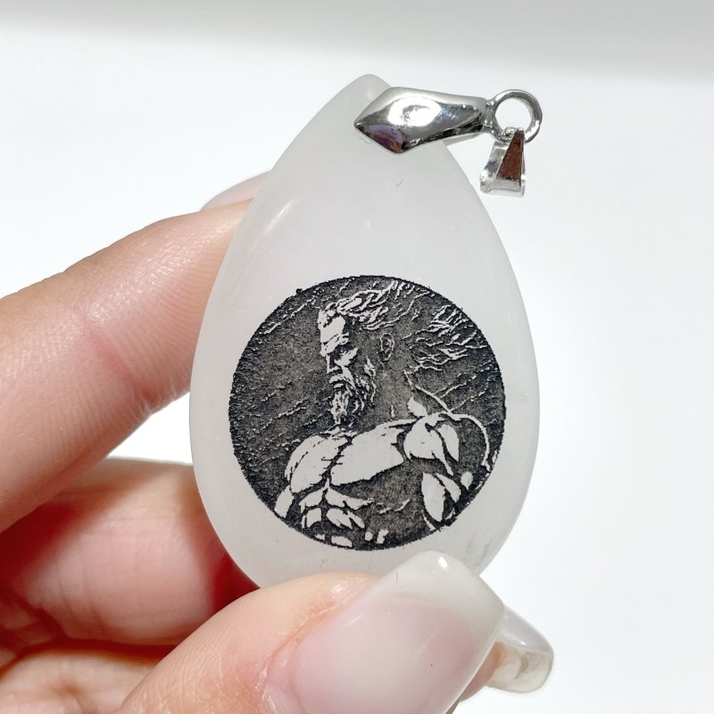 White Jade Engraved Twelve Olympians Teardrop Pendant Crystal Pendant Wholesale - Wholesale Crystals