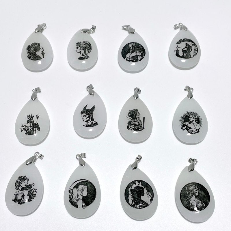 White Jade Engraved Twelve Olympians Teardrop Pendant Crystal Pendant Wholesale - Wholesale Crystals