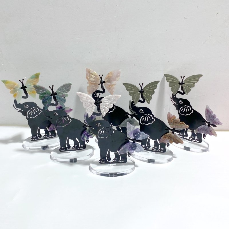 Wholesale Crystal Butterfly Wing Carving with Elephant Metal Stand (Mixed Materials) -Wholesale Crystals
