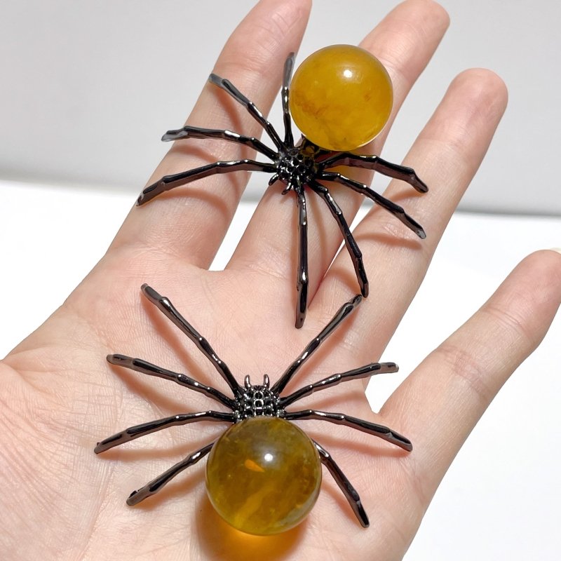 Yellow Fluorite Sphere Spider Ornament Handmade Alloy Spider Wholesale - Wholesale Crystals