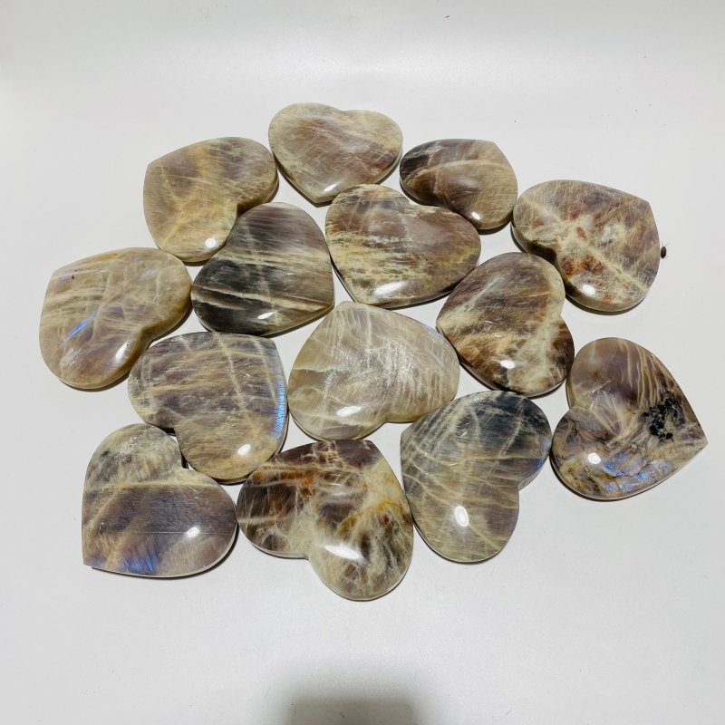 14 Pieces Large Moonstone Mixed Sunstone Heart - Wholesale Crystals