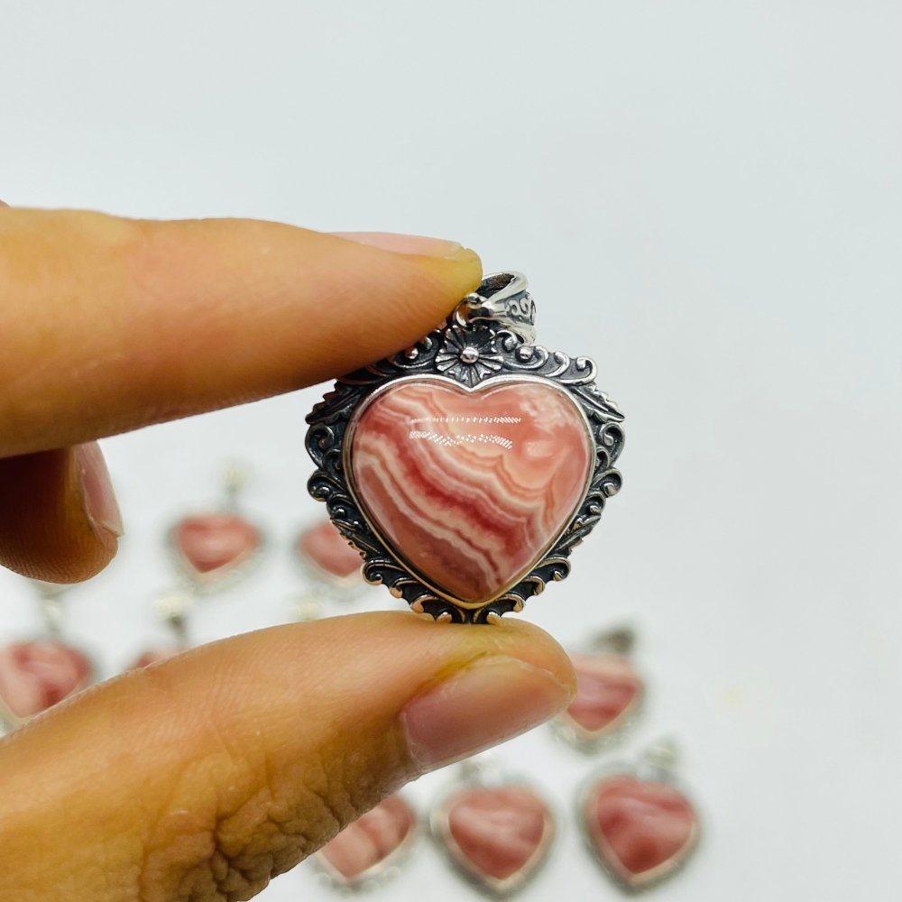 15 Pieces Sterling Silver Heart Rhodochrosite Different Styles Beautiful Pendant -Wholesale Crystals