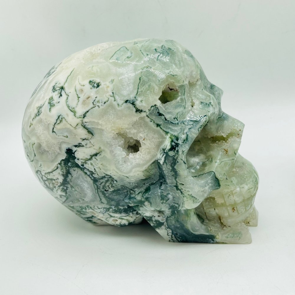 2 Pieces High Quality Large Druzy Moss Agate Skull Carving -Wholesale Crystals