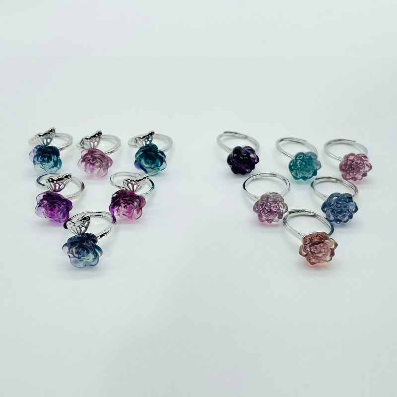 2 Types Beautiful Rainbow Fluorite Lotus Rose Ring Wholesale - Wholesale Crystals