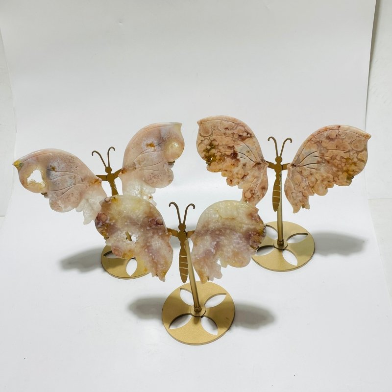 3 Pairs Geode Sakura Flower Agate Butterfly Wing Carving With Stand - Wholesale Crystals