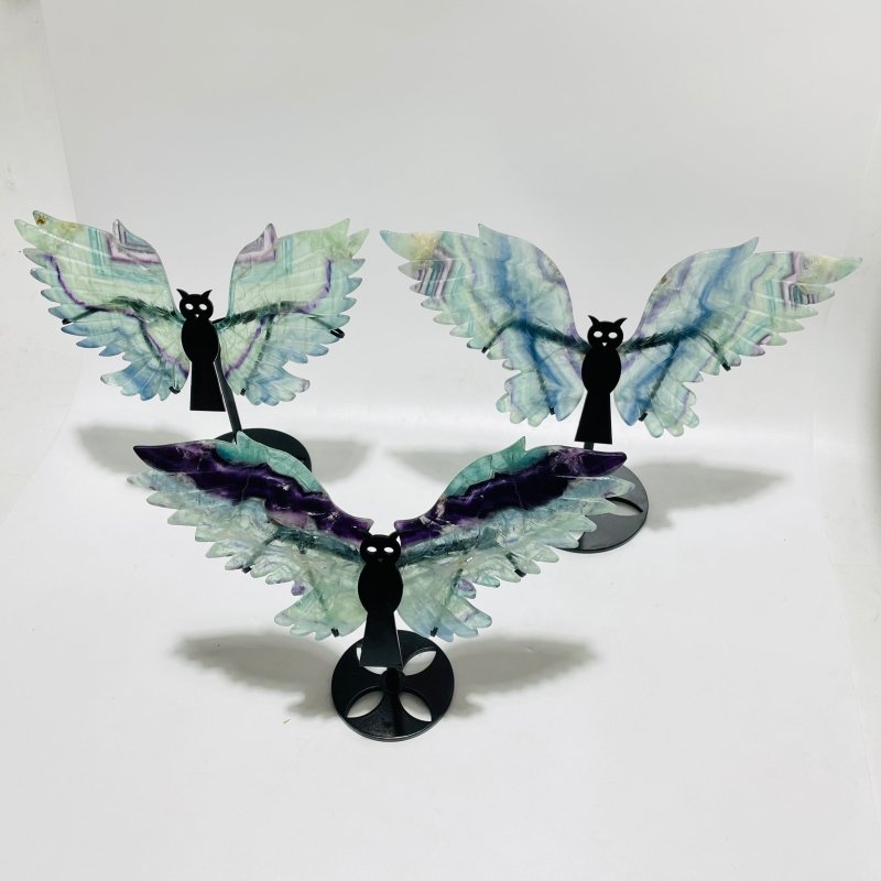 3 Pairs Rainbow Fluorite Symmetry Owl Wing Carving With Stand - Wholesale Crystals