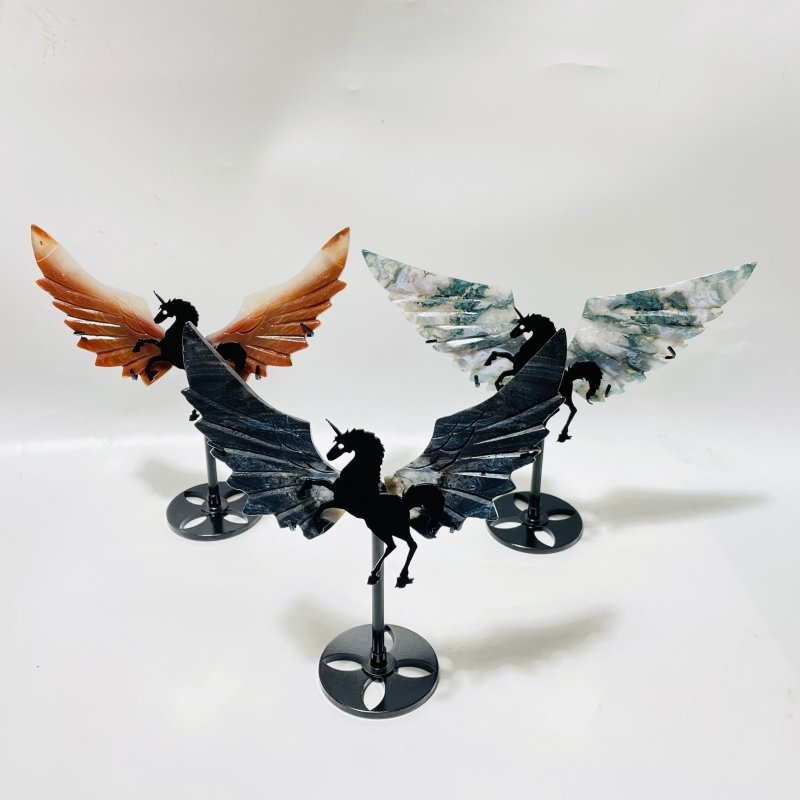 3 Pairs Small Pegasus Wing Carving With Stand Moss Agate -Wholesale Crystals