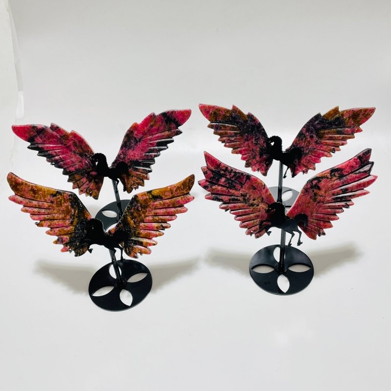 4 Pairs Beautiful Rhodonite Pegasus Wing Carving With Stand - Wholesale Crystals