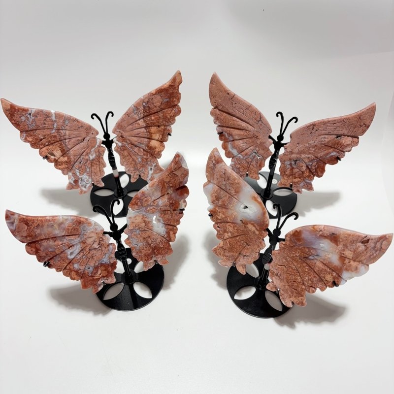 4 Pairs Pink Agate Butterfly Wing Carving With Stand - Wholesale Crystals