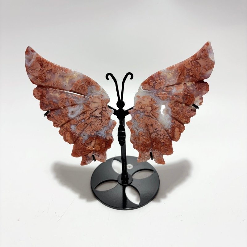 4 Pairs Pink Agate Butterfly Wing Carving With Stand - Wholesale Crystals