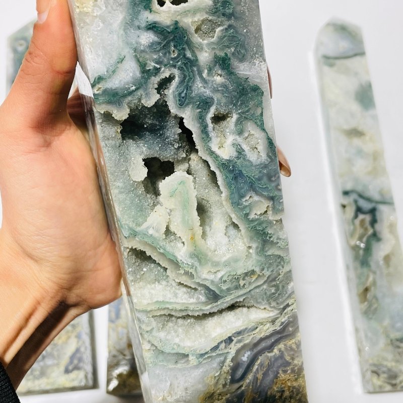 4 Pieces Unique Large Druzy Moss Agate Geode Tower -Wholesale Crystals