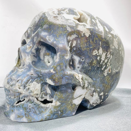 45.8kg Large Geode Druzy Moss Agate Skull Carving - Wholesale Crystals