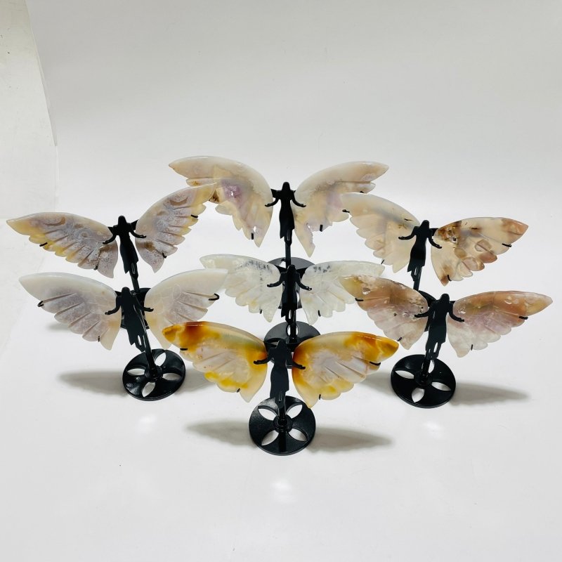 7 Pairs Sakura Flower Agate Small Angel Wing Carving With Stand - Wholesale Crystals